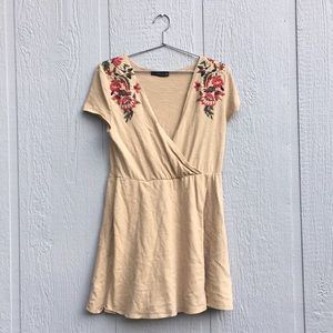 Tan Zara Dress, red and green embroidered flowers